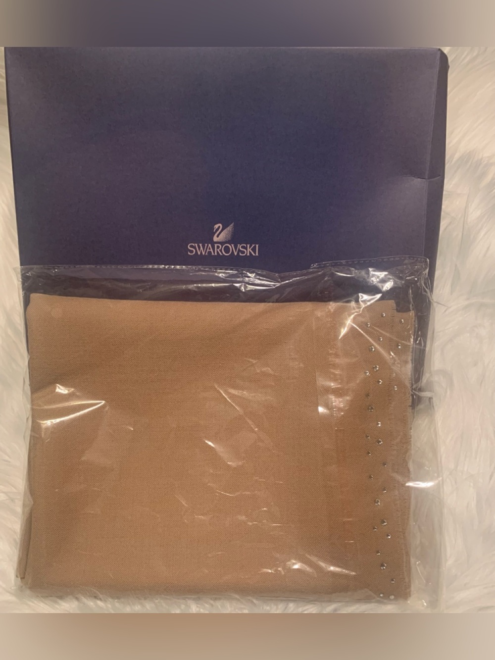 SWAROVSKI 100% Cashwool Vintage tan ladies oversized crystals scarf NIB